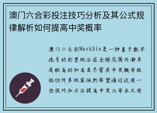 澳门六合彩投注技巧分析及其公式规律解析如何提高中奖概率